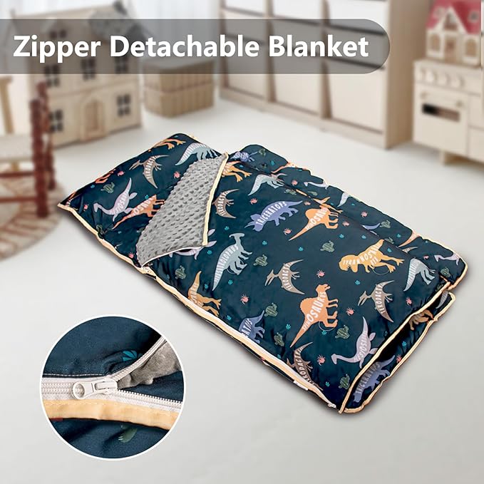 Primlect Toddler Nap Mat Extra Large Thickened 55''x35'', Soft Sleeping Bag with Detachable Minky Blanket and Pillow, Portable for Daycare, Preschool, Kindergarten, Travel, Boys and Girls
