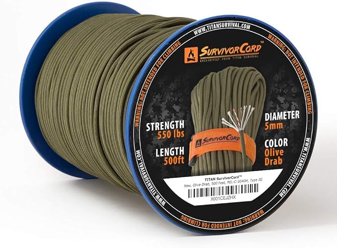 TITAN Survival Patented Paracord 550 - 25ft, 100ft, 500ft & Color Options - 620LB Strength Survival Paracord Military Spec with 3 Strands - Heavy Duty Hank Cord for Camping & Outdoors with Firestarter