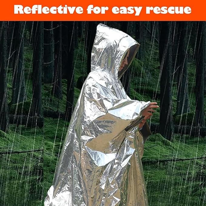 Emergency Survival Poncho (4pc) Thermal Mylar Foil Coating Blanket for Heat Retention and Rain | Reversible with Hood | Waterproof, Windproof, Portable | Orange | 100x130cm