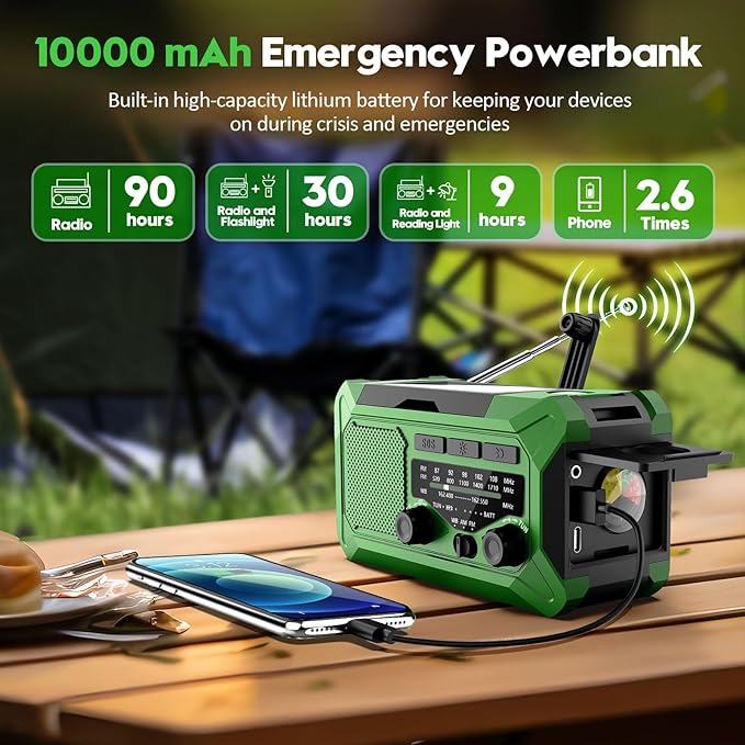 Emergency Hand Crank Weather Radio,Toolchums 10000mAh AM/FM/NOAA Solar Powered Radio with Phone Charger, USB Charged, LED Flashlight Reading Lamp Headphone Jack, SOS Alarm
