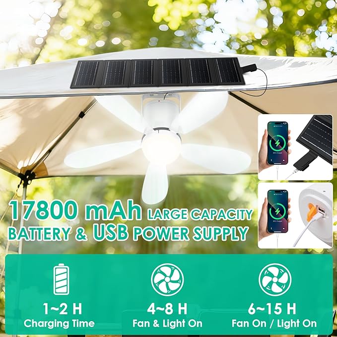 21” Solar Ceiling Fan Light, Foldable Solar Panel Portable Gazebo Fan with Remote, Wireless Battery Operated Ceiling Fan Light Outdoor, for Camping RVs Tent Patio Canopy Chicken Coop Outside
