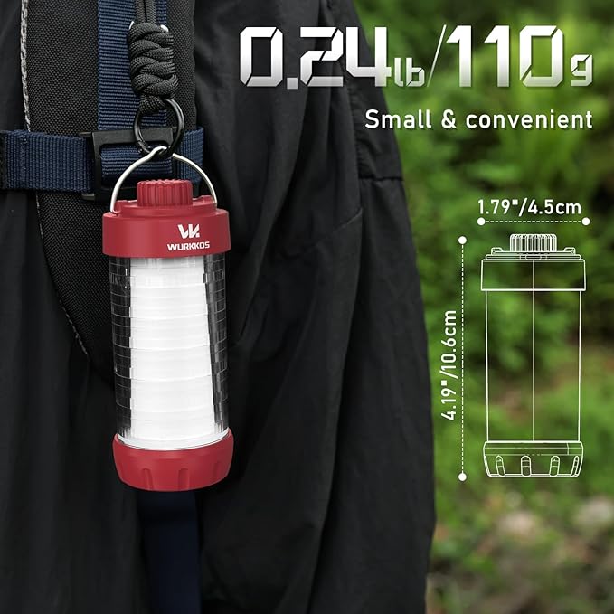Wurkkos CL01 Camping Lantern Rechargeable, 550LM Camping Light with Magnet Base, RGB Light, Stepless Dimming, Up to 300H Runtime, Led Lantern for Power Outages, Hurricane, Camping, Red, Best Gift