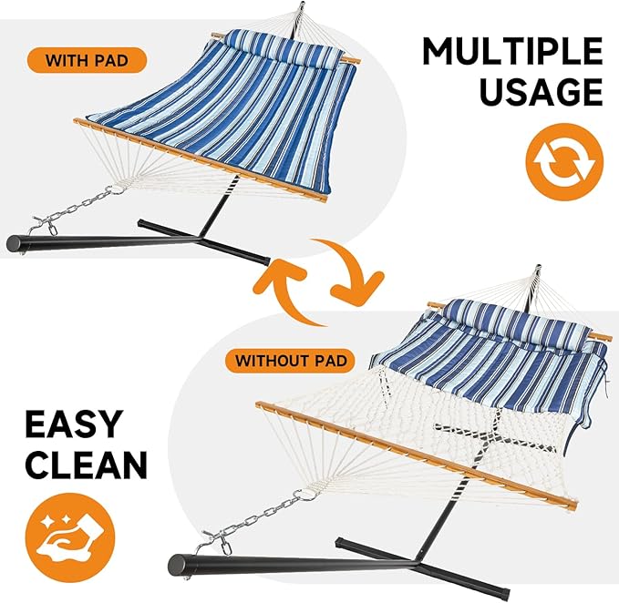 Everyfun 2 Person Outdoor Hammock with Stand, Cotton Rope Hammock with Polyester Pad, Adjustable Steel Frame, Portable with Carrying Bag – for Patio, Backyard, Garden, Beach, Blue Stripe