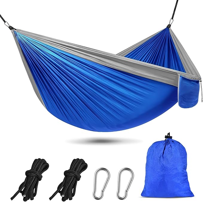 OBTANIM Camping Hammock 500lbs Portable Lightweight Single or Double Hammock with Tree Straps and Carry Bag for Camping Backpacking Hiking Travel Beach Outdoor Indoor (Gray and Dark Blue)