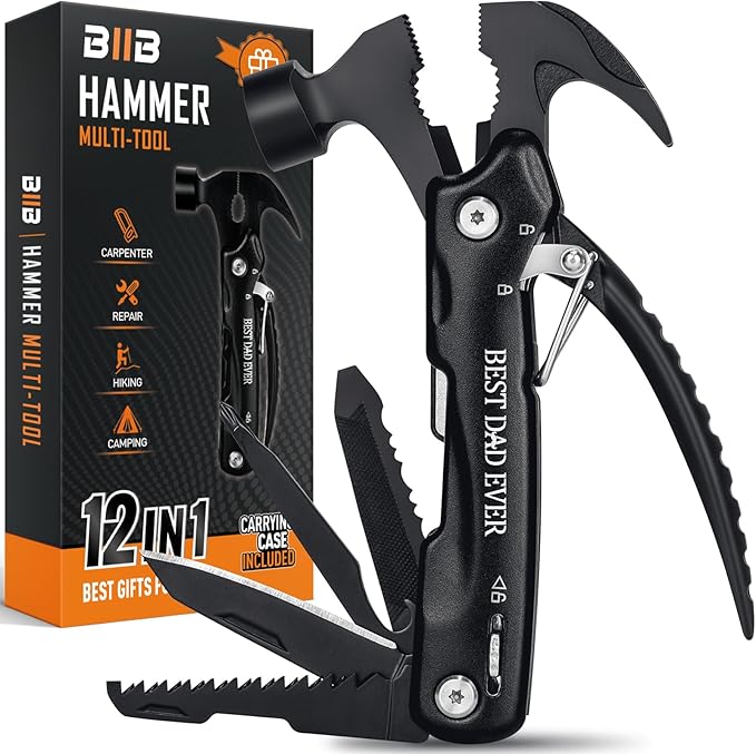 BIIB Gifts for Dads, 12 in 1 Hammer Multitool Camping Essentials, Fathers Day Mens Gifts for Husband Dad Grandpa, Birthday Gifts for Men, Fathers Day Dad Gifts from Daughter Camping Gear Survival Tool