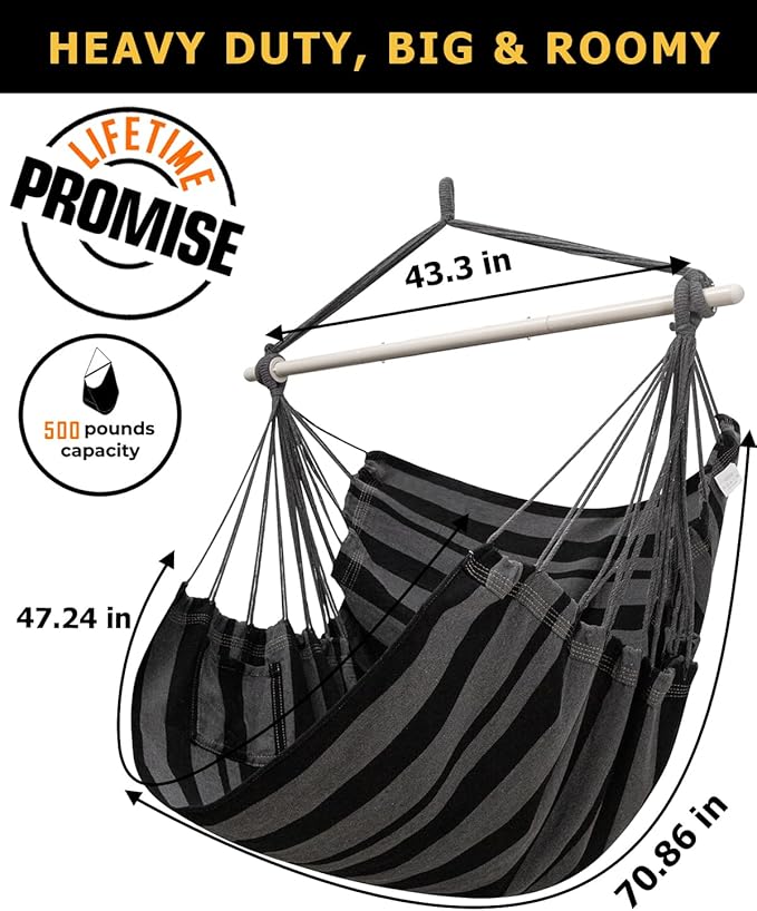 ADVOKAIR Hammock Chair Large 70.9"x47.2", 32% Bigger XXL Hanging Swing Chair with 500lbs Capacity, Heavy Duty Steel Spreader Bar, Extra Roomy Comfort for Adult Indoor Outdoor Bedroom Patio