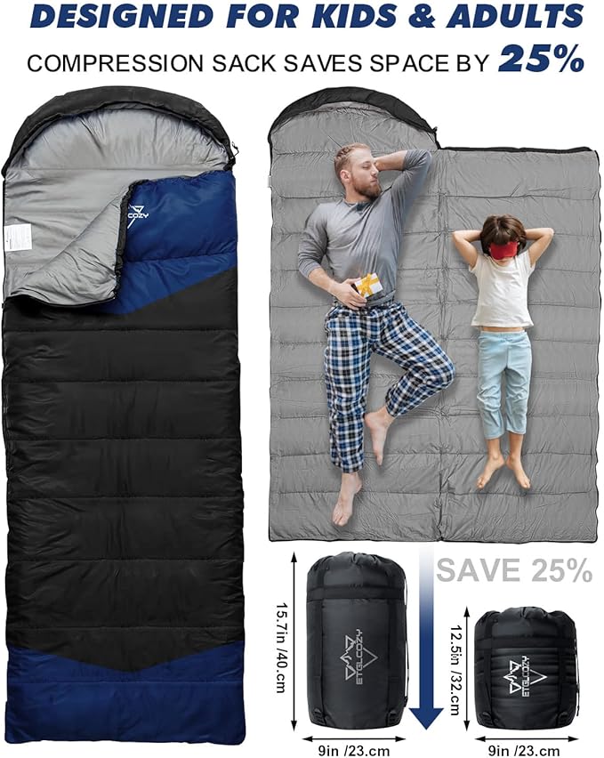 Lightweight 3-Season Sleeping Bag for Adults/Kids Camping, Compact w/Compression Sack, Waterproof Ripstop, Portable for Backpacking Hiking Travel