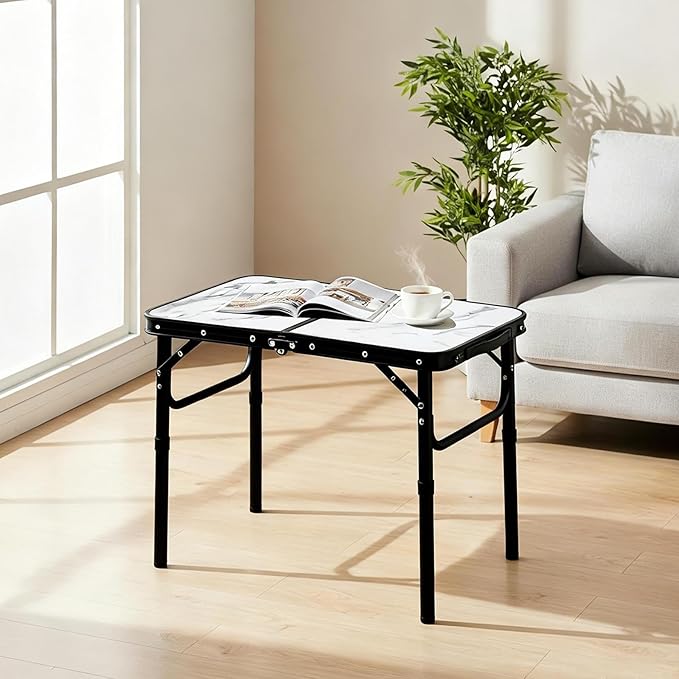 YUFIFAIRY Small Folding Camping Table, 2ft Portable Table with 3 Adjustable Heights, Aluminum Lightweight Foldable Picnic Table with Mesh Layer and Extension Legs for RV, Camp and Indoor (Black Frame)