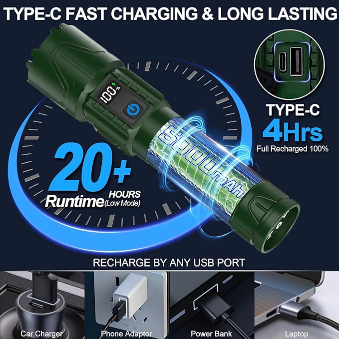 Rechargeable Tactical Flashlights 2000 High Lumens - 5000mAh Super Bright LED Powerful Flash Light, Waterproof Handheld USB C Flashlight for Home,Car,Camping,Emergencies,5 Modes,Zoomable (1, Green)