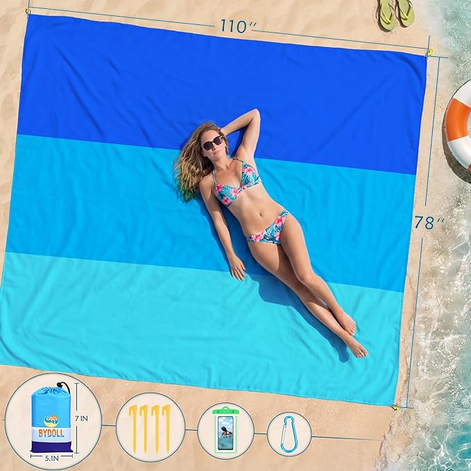 BYDOLL Beach Blanket Waterproof Sandproof Large Sand Free, 78''X110'' Oversized Sandless Lightweight Blanket Picnic Mat for Beach Travel Camping Hiking with Stakes
