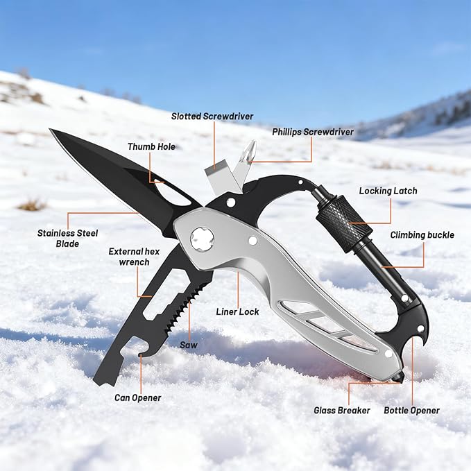 9 in 1 Multitool Carabiner Pocket Knife for Men,EDC Carabiner Knife, Bottle Opener and Screwdriver, Survival Gear for Camping Hiking Gifts for Men Stocking Stuffers Gifts for Him and Her (Silver)