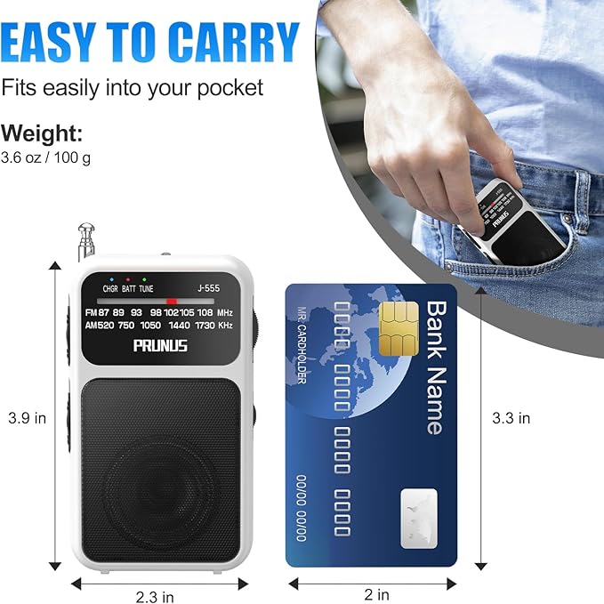 PRUNUS J-555 Pocket Radio AM FM USB-C Charging& Battery Operated, Excellent Reception& Clear Speaker and Headphone Jack, Back Clip, Flashlight, Transistor Radio, Portable Radios AM FM, Mini Radios