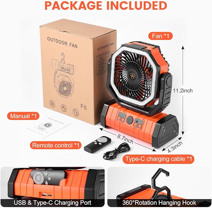 Odoland 30000mAh Oscillating Camping Fan with LED Lantern, Rechargeable Battery Operated, Portable Tent Fan with Timer, 4 Speeds for Outdoor Camp RV Jobsite Power Outage, Orange