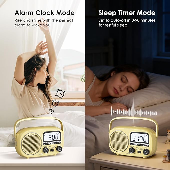 Portable Radio AM FM with Bluetooth,Built-in Rechargeable Battery/Plug in Wall/4*D Cell Battery Operated, Digital Time Display, Transistor Radio for Home,Outdoor,Gift,Seniors (Yellow)