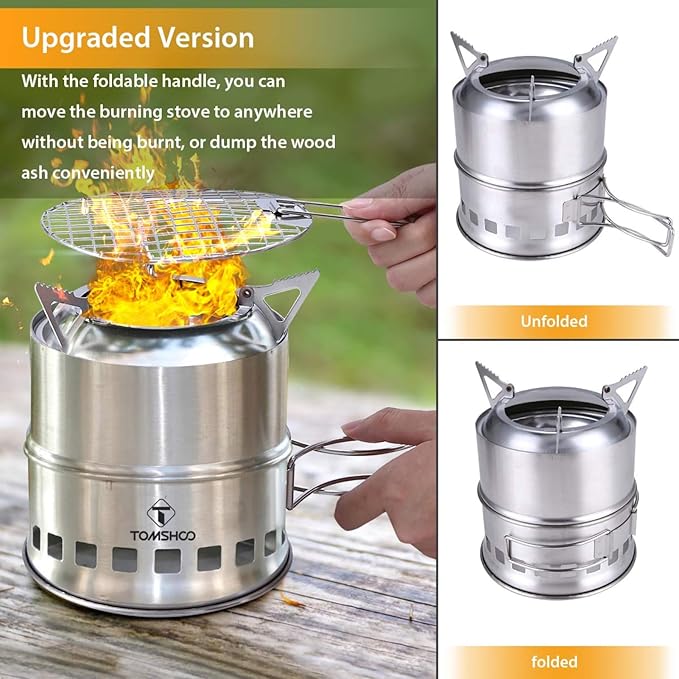 TOMSHOO Camping Stove, Portable Folding Windproof Wood Burning Stove Compact Stainless Steel Alcohol Stove Outdoor Camping Hiking Backpacking Picnic BBQ