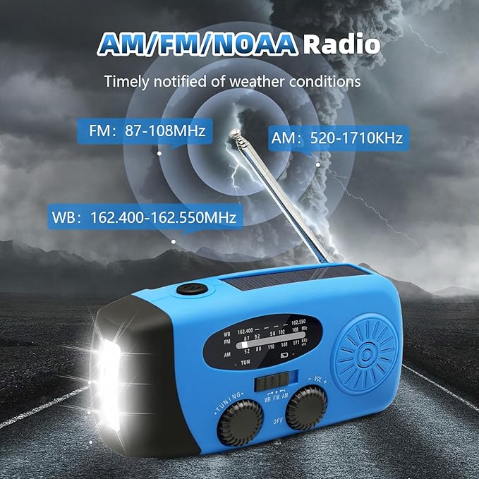 WVL Hand Crank Weather Radio, NOAA Emergency Radio Portable AM/FM Solar Powered 7400mWh with Flashlight, SOS Siren & Phone Charger for Camping & Survival(Blue)