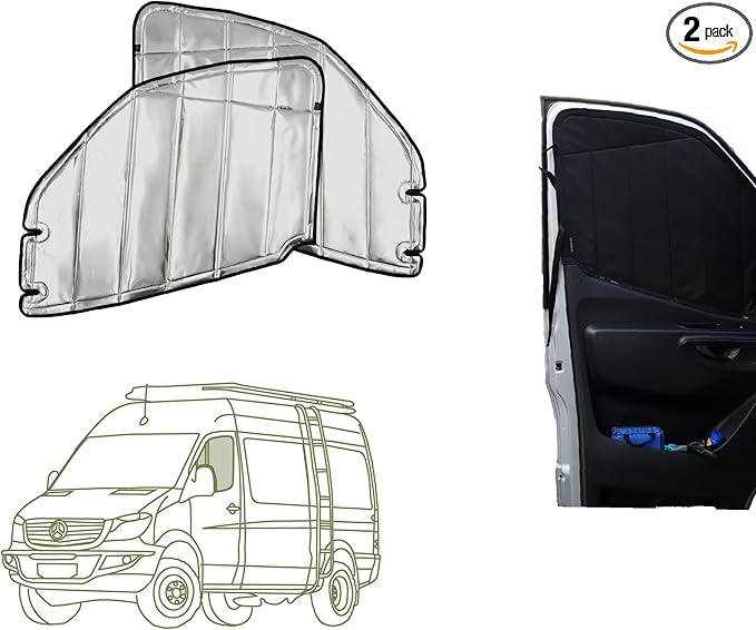 VanEssential Insulated Reflective Blackout Magnetic Window Covers Designed for Mercedes-Benz VS30 (Van Years 2019 to Current), Front Door (Pair), Black Reflective