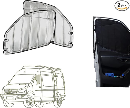 VanEssential Insulated Reflective Blackout Magnetic Window Covers Designed for Mercedes-Benz VS30 (Van Years 2019 to Current), Front Door (Pair), Black Reflective