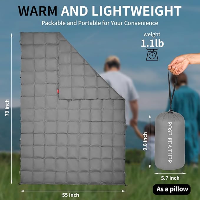 Down Camping Blanket - Lightweight, Packable, Warm & Puffy Outdoor Travel Quilt for Sleep, Hiking, Backpacking, Stadium, Festivals, Water-Resistant Sleeping Bag 55"x79"