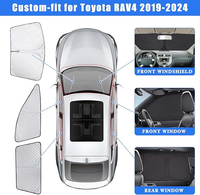 ZATOOTO Car Window Shades for Toyota RAV4 2019-2024, Full Coverage Car Sun Shade for Side Window & Windshield 6-Layer Thickened Ultra-Bright Reflection Extreme Heat Reduction & Blackout Privacy