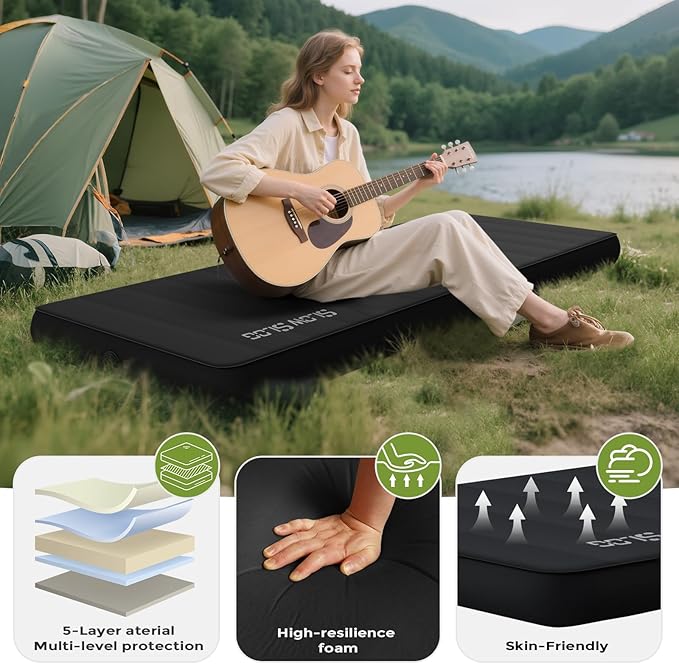 Self-Inflating Sleeping Mats for Camping 4in Ultra-Thick Foam Sleeping Pad Inflatable Camping Mattress with Pump Sack, Portable Camping Pad for 4-Season, Black