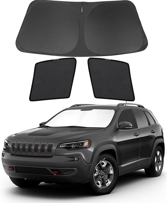 3PCS Car Window Shades Front Windshield Sun Shade Foldable Window Shade Custom Fit for Jeep Cherokee 2016-2019 Accessories Car Shades for Front Windows Anti-UV Rays Block Heat