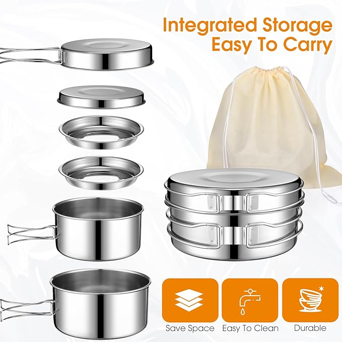 Funnymoom 14 Piece Camp Cooking Set, Stainless Steel Camping Cookware with Pot and Pan Kit 2 Set Stainless Steel Cups Plates Forks Knives Spoons for Camping, Backpacking, Outdoor Cooking and Picnic