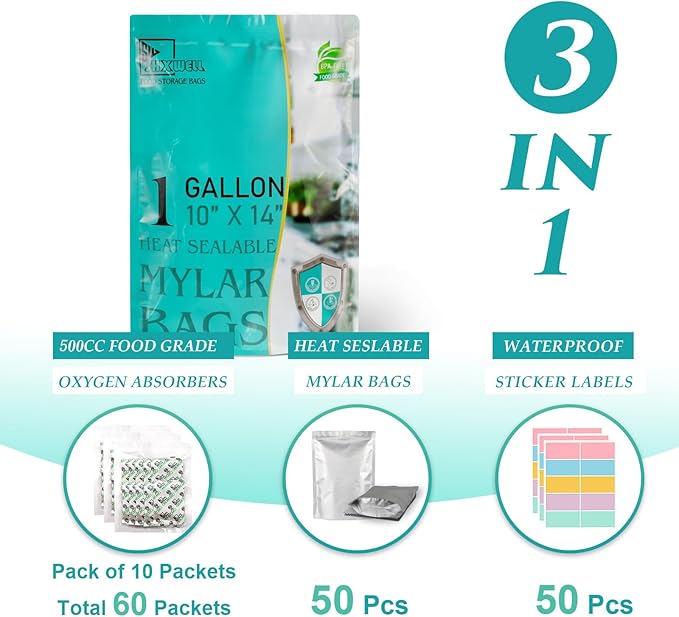 50pcs 1 Gallon Mylar Bags for Food Storage with Oxygen Absorbers 400CC (6 Packs of 10pcs) and Labels, 10 Mil 10"x14" Zipper Pouches Resealable and Heat Sealable for Long Term Food Storage (50 Bags)