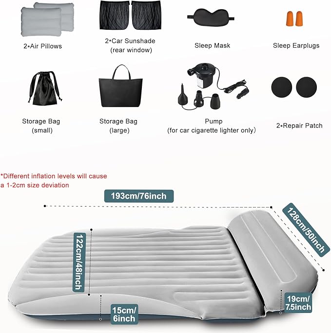 Ciremiv SUV Air Mattress, Double-Sided Thick Flocked Car Air Mattress with Built-in Pump & Pillow, Complete Sleeping Accessories for Auto Camping & Road Trips（Light Grey）