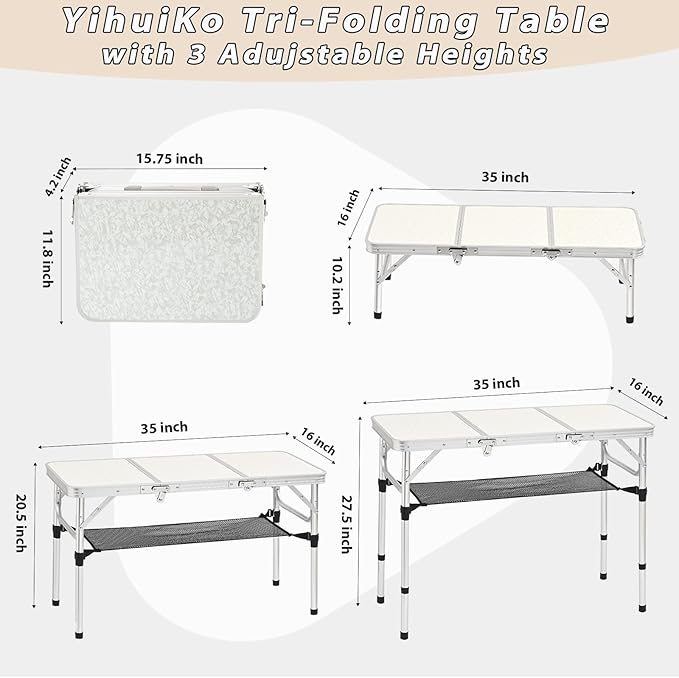 YihuiKo 3ft Aluminum Folding Picnic Table - Lightweight & Portable Outdoor Table with Adjustable Height, Storage Net for Camping, Backyard, RV Trips