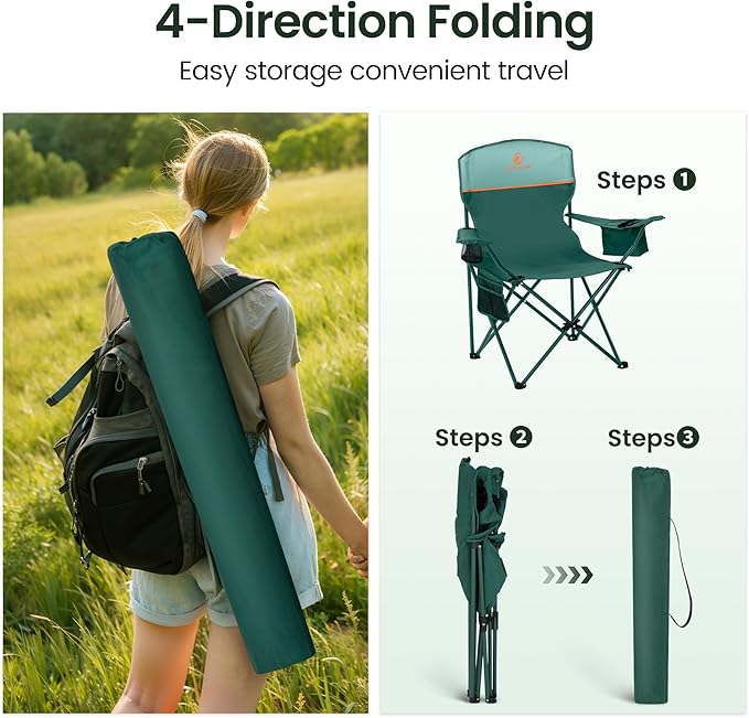 HIGH POINT SPORTS 2 Pack Portable Camping Chair for Adults, Folding Outdoor Camp Chair Lightweight Lawn Chairs Folding Collapsible Chair for Camping, Tailgates, Beach, Green, Support 350lbs