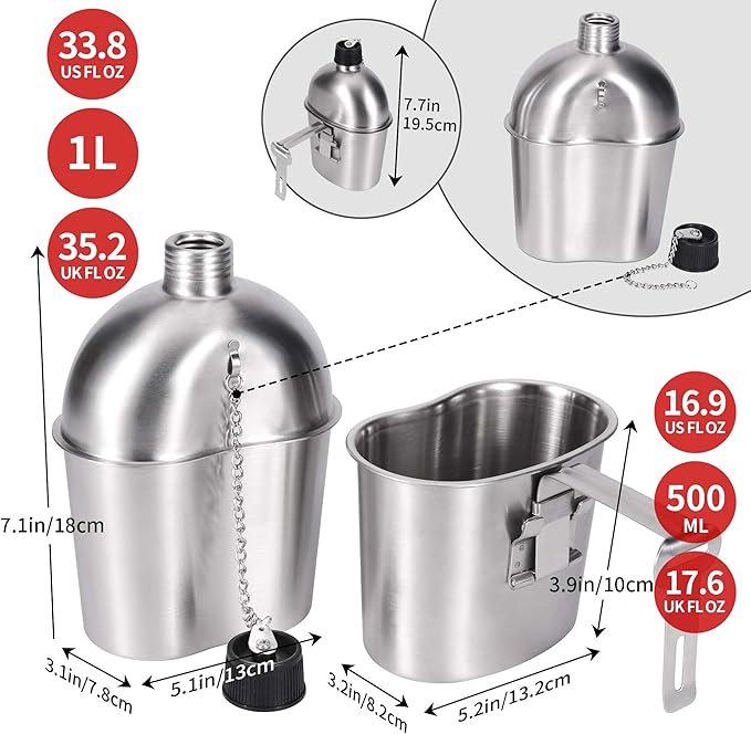 Goetland Stainless Steel WWII US Army Canteen Water Bottle Military Canteen Kit 1QT with 0.5QT Cup Nylon Pouch G.I.