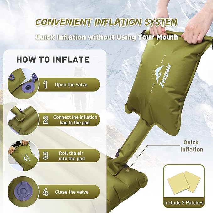 Double Camping Sleeping Pad, Ultralight Waterproof Inflatable 2-Person Sleeping Mat with Inflation Bag, Lightweight Portable Air Mattress for Outdoor Backpacking Hiking Car Traveling Tent (Green)