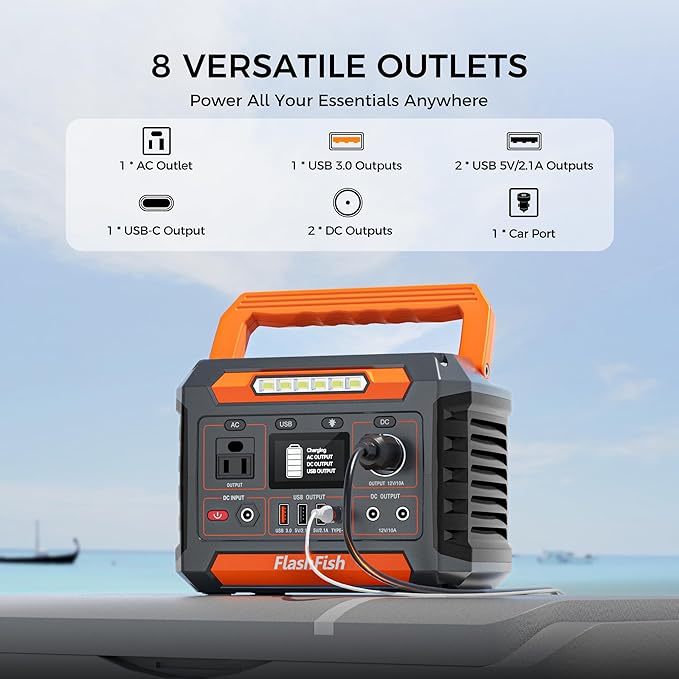FF Flashfish 144.3Wh with Solar Panel 100W, Solar Generator 200W with AC/DC/USB/Type C/LED Lights, Backup Battery for Camping, Travel and Emergencies