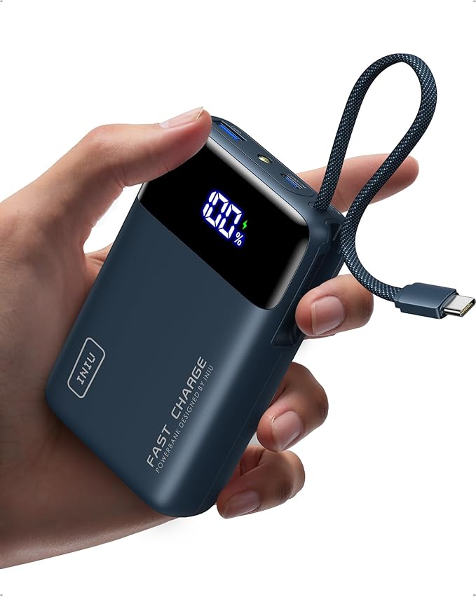INIU 20000mAh Portable Charger, Small Power Bank, 45W PD Fast Charging Battery Pack with Build in USB-C Cable, Flight Travel Essentials Phone Charger for College Student Travelers Boys Girls, Blue