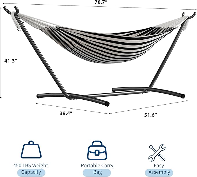 Garvee Double Hammock with Foldable Steel Stand and Carry Bag – Indoor/Outdoor Standing Hammock, 450 LBS Capacity, for Garden, Camping, Beach (Black)