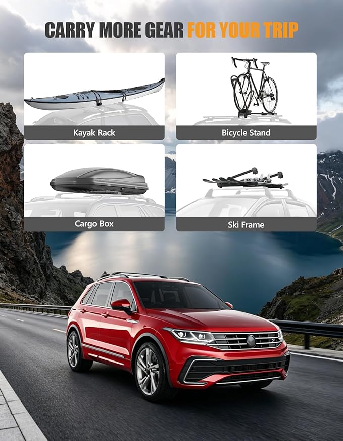 KINGGERI Roof Rack Cross Bars Fit for Volkswagen Tiguan 2018 2019 2020 2021 2022 2023 2024 2025 2026 and Taos 2022-2026, Aluminum Roof Rails Crossbars Rooftop Cargo Luggage Rails Kayak Skiboard Black