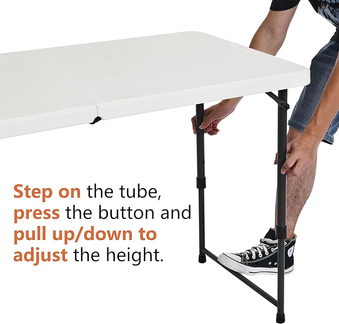 Amazon Basics Portable 4 Foot Rectangular Folding Dining Table, 4 Adjustable Height Settings, Carrying Handle, Indoor & Outdoor, Sturdy for Events, White, 47.8 x 23.9 x 33.9 in