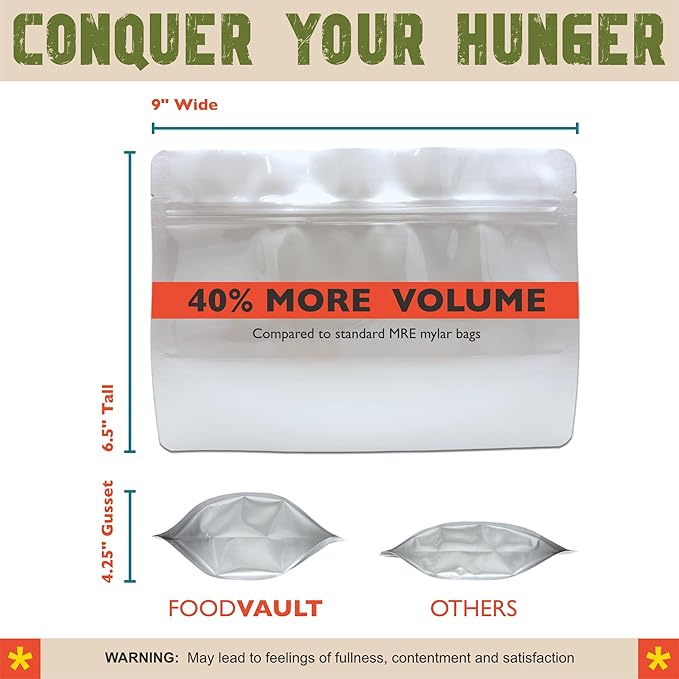 MRE Mylar Bags, 16 Mil Total Thickness, Stand-Up Resealable Pouches for Long-Term Food Storage, Freeze Dried Meals & Backpacking [50-Pack | 9" x 6.5" x 4.25"]