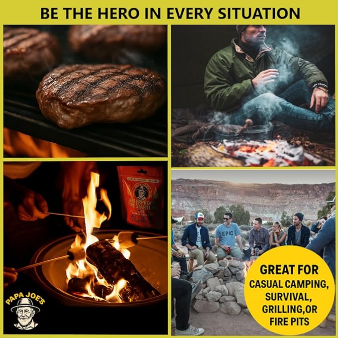 Papa Joe's 100% Waterproof Fire Starter (15 Disc) Up to 60 Fires | 8-10 Minute Burn Instant Light | Fire Pits, Grills, Survival | for Emergency Kits | Handmade in USA Camping Accessories