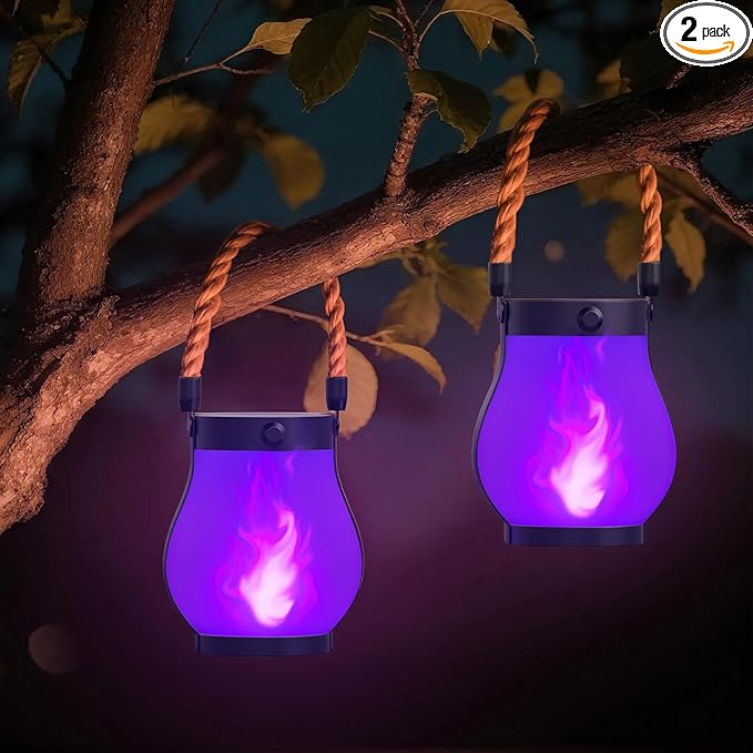 Hompavo Gen2 Solar Lanterns Outdoor with Ultra-Real Flame, Dual Charging (USB/Solar) & 2 Modes - Waterproof Decorative Hanging/Table Lights for Patio Garden Halloween Decorations, 2/Purple