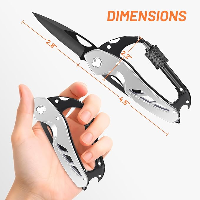 Carabiner Multitool 9-in-1 EDC Pocket Knife, Hexwrench, Saw, Screwdriver, Bottle Opener, Breaker, Survival Gear for Camping Climbing, Gifts for Men Women, Stocking Stuffers (Silver)
