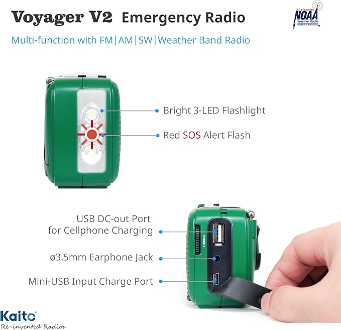 Best NOAA Portable Solar/Hand Crank AM/FM, Shortwave & NOAA Weather Emergency Radio with USB Cell Phone Charger & LED Flashlight (Green)