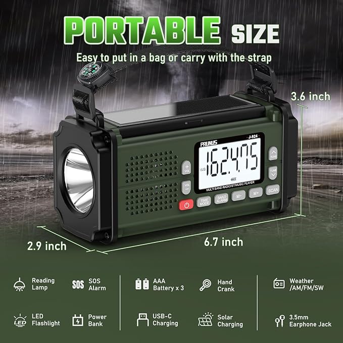 PRUNUS J-924 Storm-Ready 10000mAh/37000mWh Hand Crank Radio, AAA Batteries Powered Emergency Radio Solar, NOAA Weather Radio AM/FM/SW, USB Charging, Torch& Reading Light, SOS Alarm, Power Bank