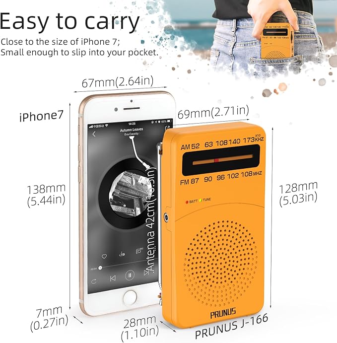 PRUNUS J-166 Portable Radio AM FM, Gifts for Dad and Mom, Battery Operated Radio with Tuning Light, Back Clip, Excellent Reception, AM FM Radios Portable, Transistor Radios