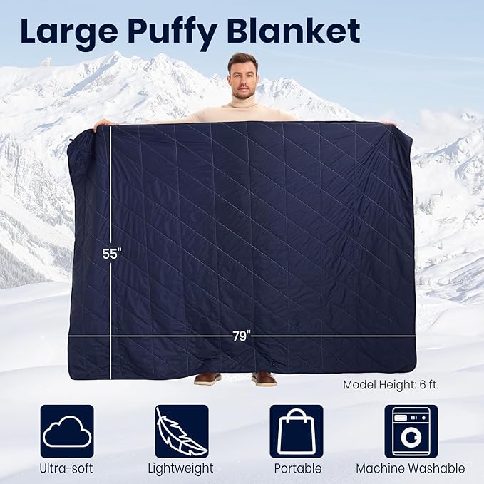 Ultralight Puffy Blanket, Outdoor Camping Blanket, Water-Resistant and Packable, Great for Camping, Stadium, Traveling, Backpacking, Picnic and Beach. 79"x55". Royal Blue