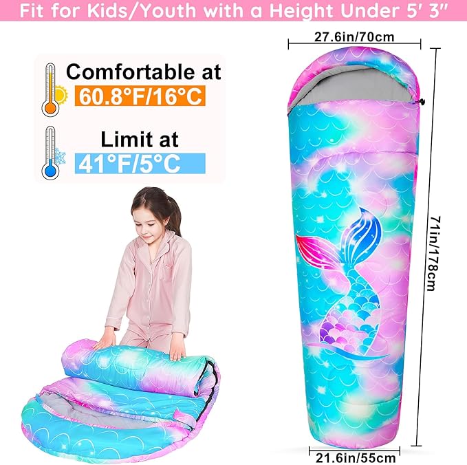 FIOBEE Kids Sleeping Bag for Girls Boys 3 Season Warm & Cool Weather Youth Camping Sleeping Bags with Backpacking Bag Waterproof for Traveling Hiking Indoor Outdoor Camping Essentials