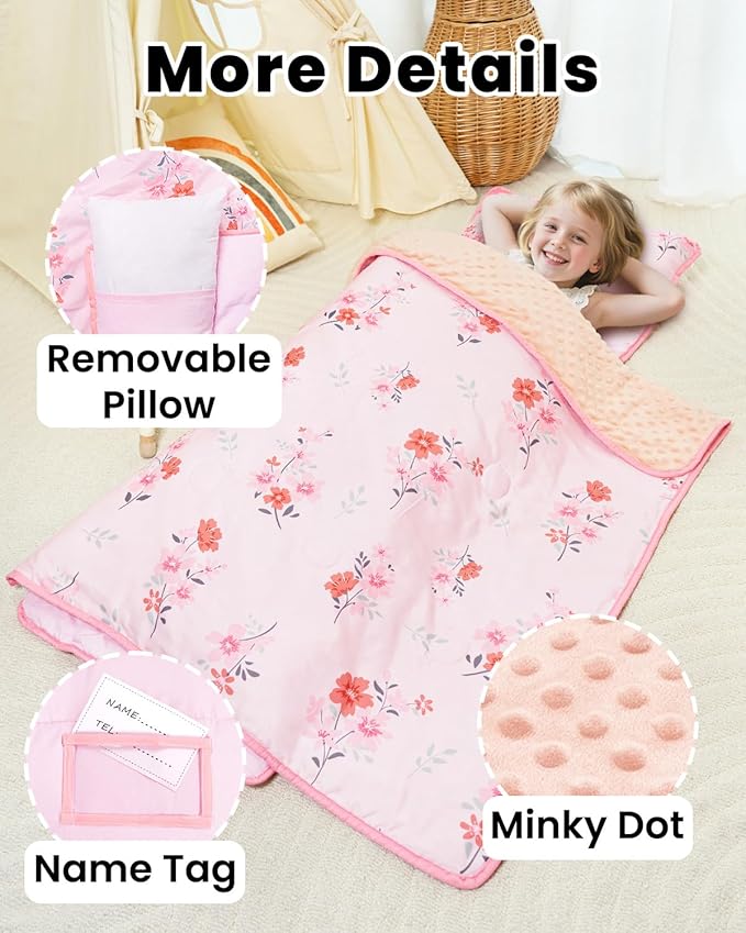 Primlect Toddler Nap Mat with Detachable Blanket and Removable Pillow, Kids Sleeping Bag 55''x35'' for Daycare Preschool Kindergarten, Toddler Sleeping Mat for Boys and Girls