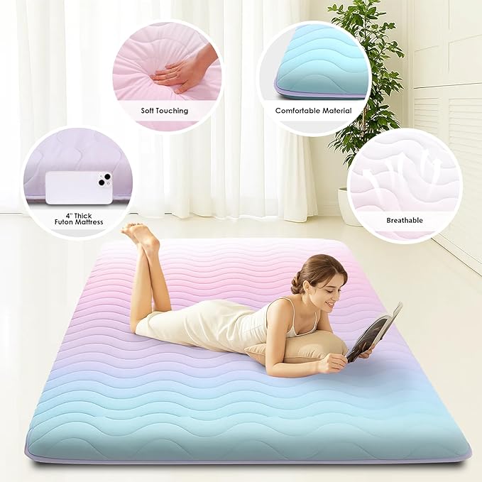 SCHNAUZER HOME Japanese Floor Futon Mattress, 3.5" Thicken Colorful Rainbow Portable Floor Mattress, High-Density Foam Tatami Mat Sleeping Pad for Camping Guest Room Dormitory RV, Twin