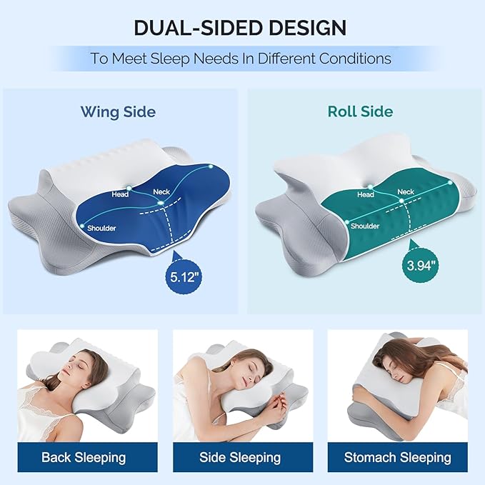 Memory Foam Pillows for Neck Support,Cooling Ergonomic Dual-Sided Orthopedic Neck Cervical Pillow with Ice Silk Pillowcase, Breathable Contour Pillow for Side, Back, Stomach Sleepers